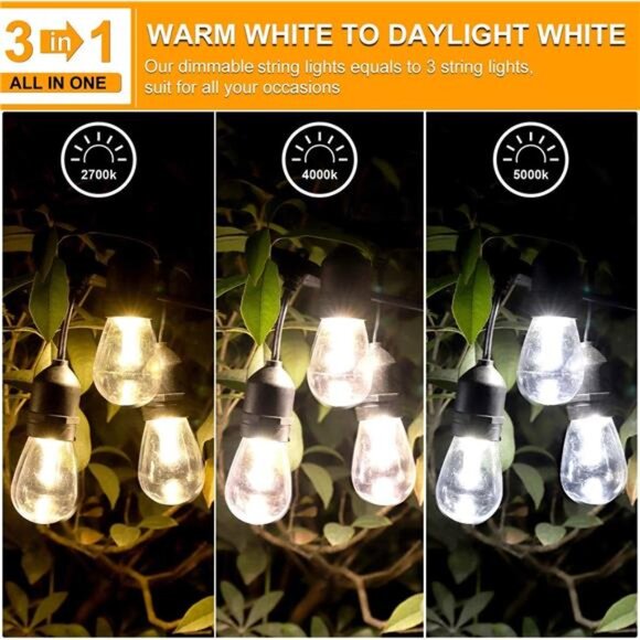 3 Color Outdoor LED Dimmable String Lights for Patio with Remote, Plug in 48FT - Picture 2 of 7